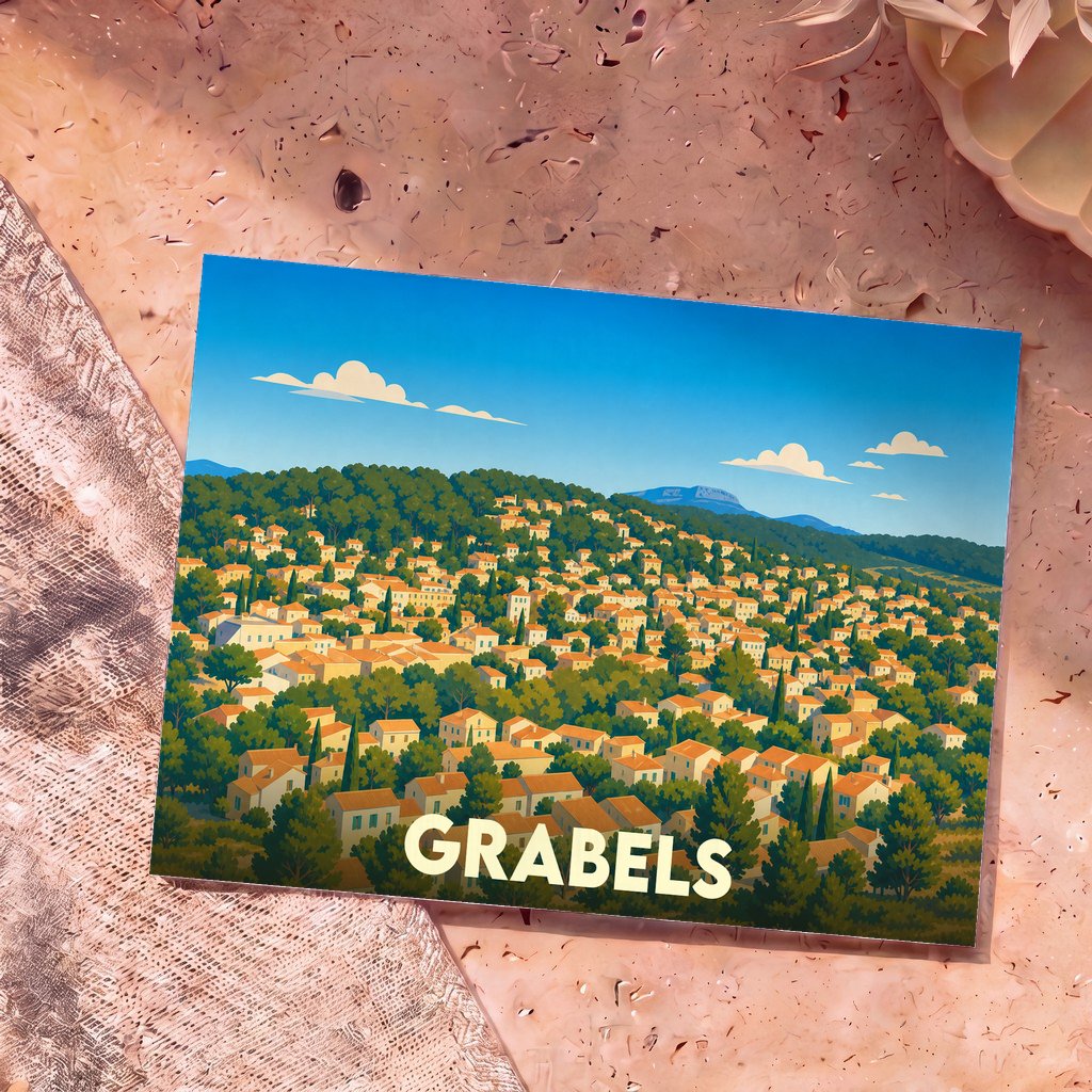 Carte postale souvenir de la ville de Grabels avec une illustration stylisée d'un village niché dans une colline boisée.
