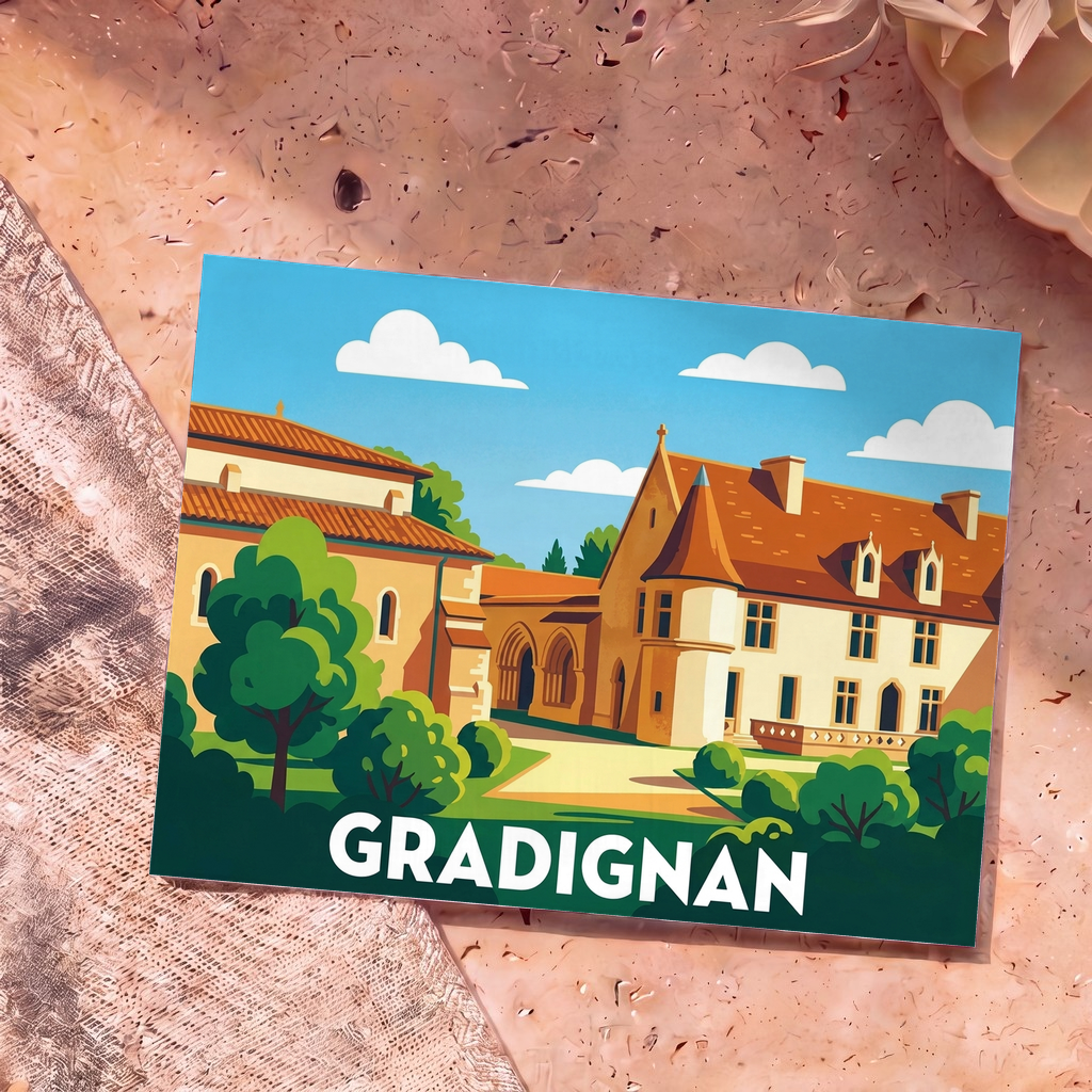 Carte postale souvenir de la ville de Gradignan avec une illustration stylisée de son patrimoine architectural.