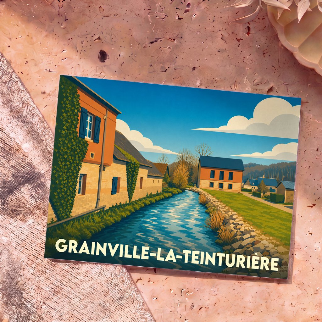 Carte postale souvenir de Grainville-la-Teinturière avec une illustration stylisée d'un cours d'eau bordé de maisons.