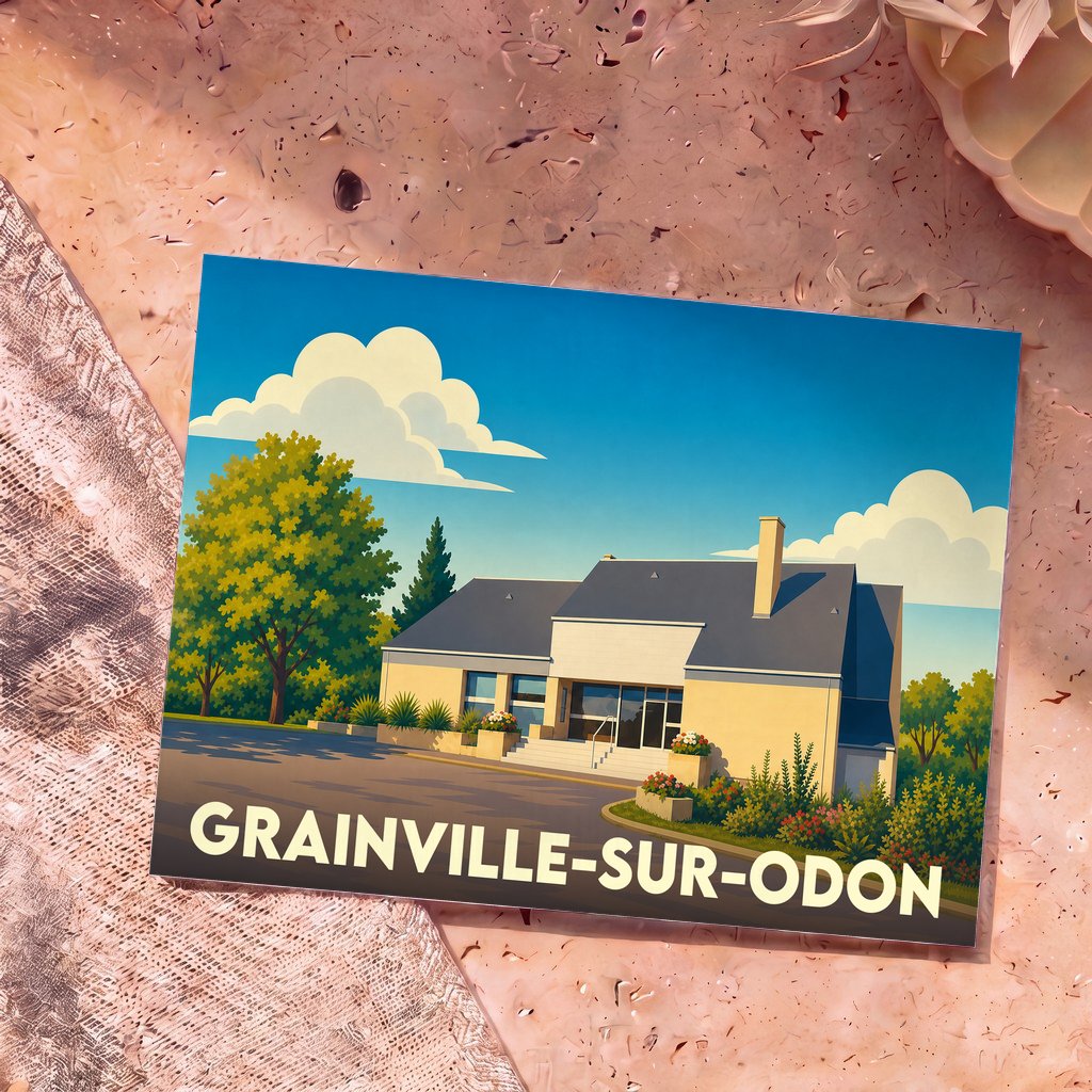 Carte postale souvenir de Grainville-sur-Odon illustrant un bâtiment de la commune dans un style graphique épuré.