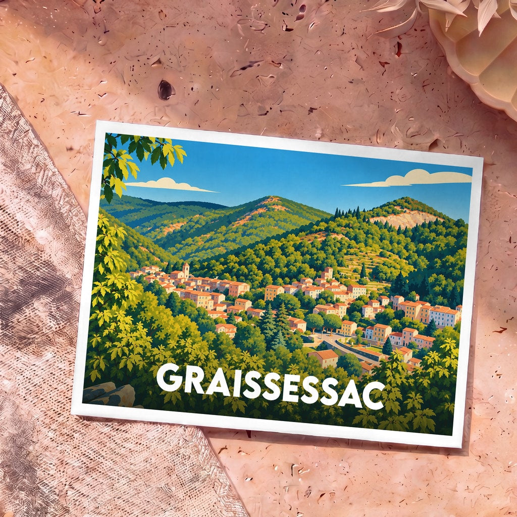 Carte postale souvenir de la ville de Graissessac avec une illustration stylisée de ses paysages montagneux.