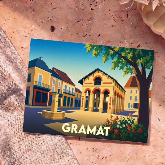Carte postale souvenir de la ville de Gramat avec une illustration stylisée de sa place du marché et de ses halles.