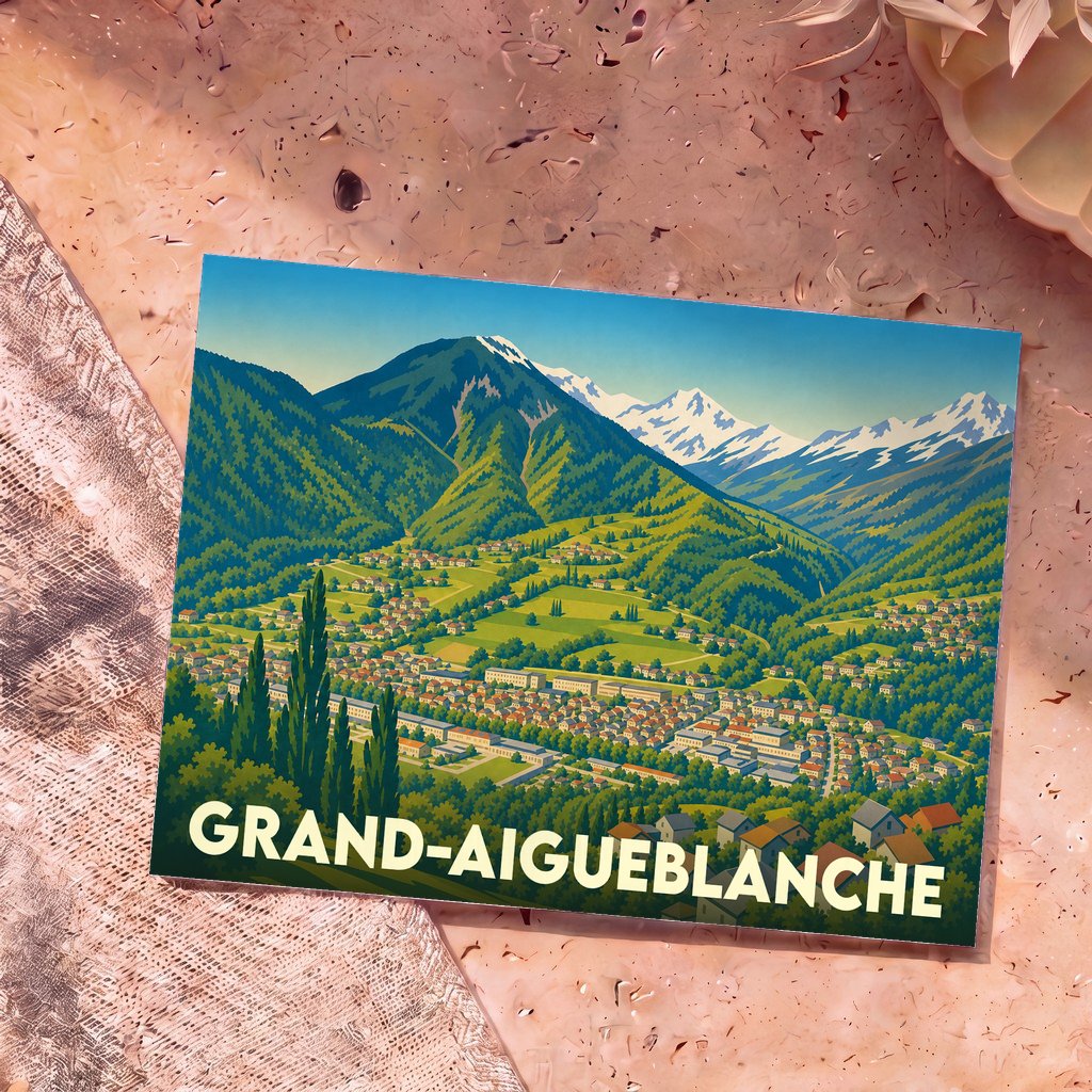 Carte postale souvenir de la ville de Grand-Aigueblanche arborant une illustration stylisée de la vallée et des montagnes.