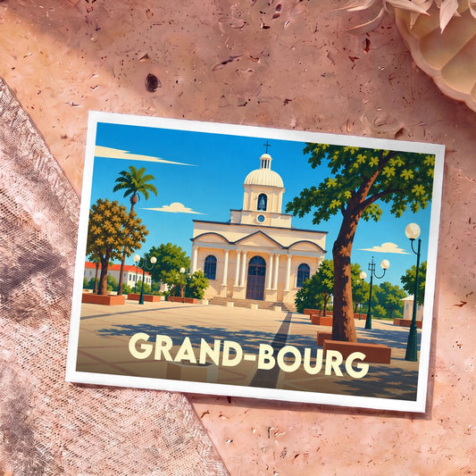 Carte postale souvenir de la ville de Grand-Bourg avec une illustration stylisée de son église et de sa place.