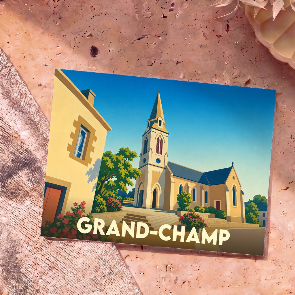 Carte postale souvenir de la ville de Grand-Champ avec une illustration stylisée de son église.