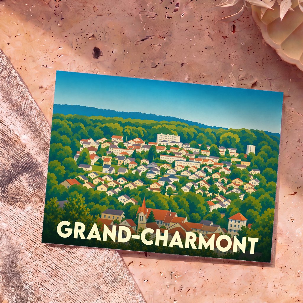 Carte postale souvenir de la ville de Grand-Charmont avec une illustration stylisée et colorée.