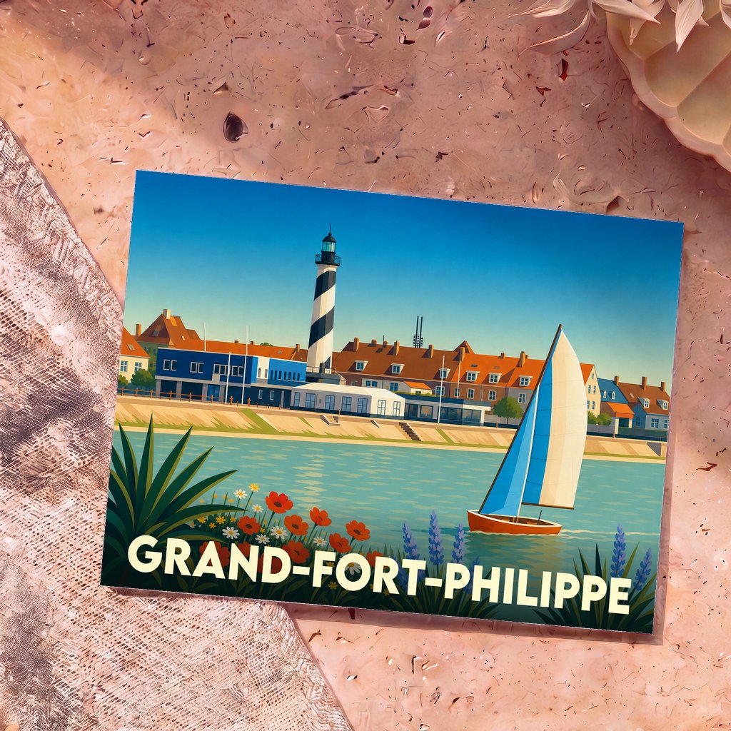 Carte postale souvenir de la ville de Grand-Fort-Philippe avec une illustration stylisée de son phare et de son port.