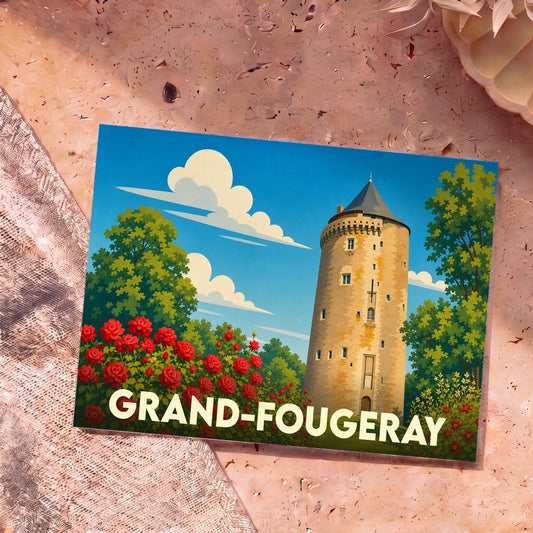 Carte postale souvenir de la ville de Grand-Fougeray avec une illustration stylisée de la tour Duguesclin.