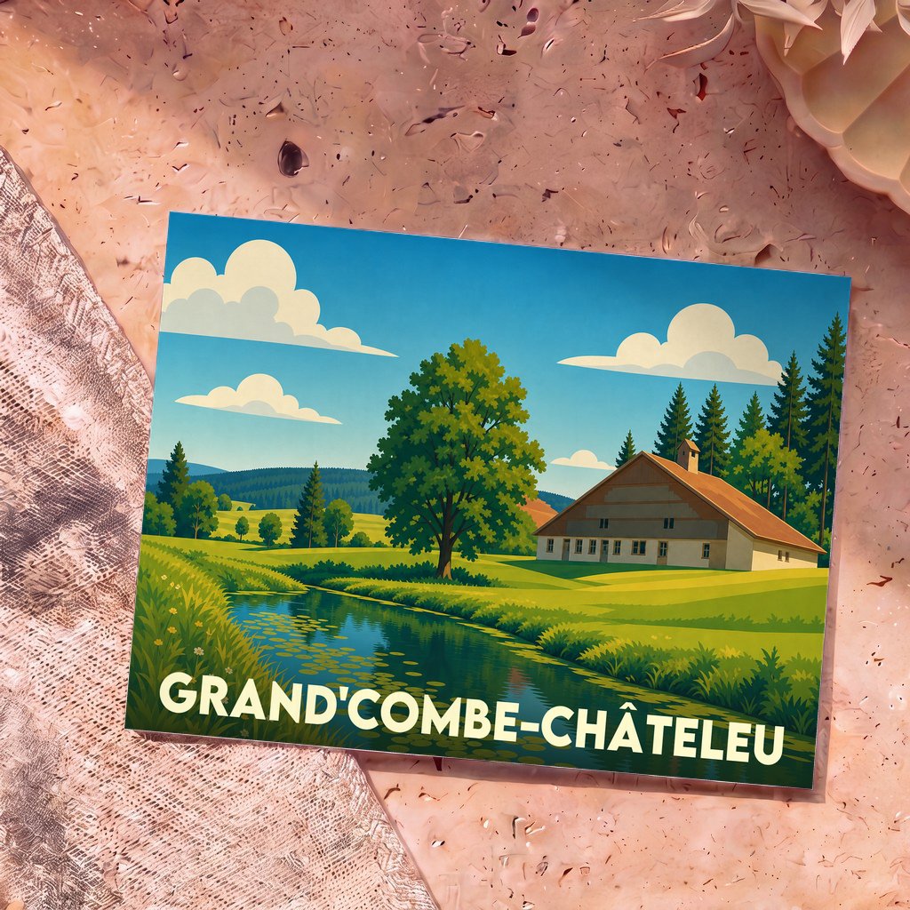 Carte postale souvenir de Grand'Combe-Châteleu illustrant un paysage rural typique avec une ferme comtoise et une rivière.