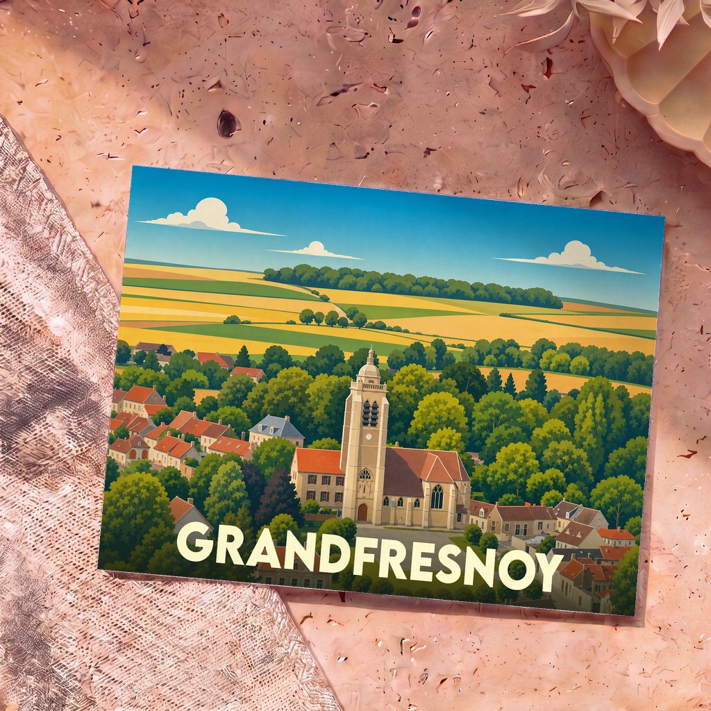 Carte postale souvenir de la ville de Grandfresnoy avec une illustration stylisée de son église et de son paysage champêtre.