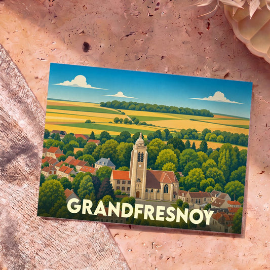 Carte postale souvenir de la ville de Grandfresnoy avec une illustration stylisée de son église et de son paysage champêtre.