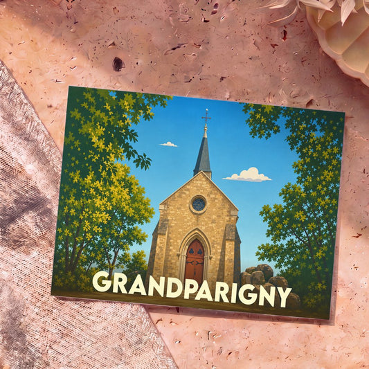 Carte postale souvenir de la ville de Grandparigny illustrant une église pittoresque entourée d'arbres sous un ciel bleu.