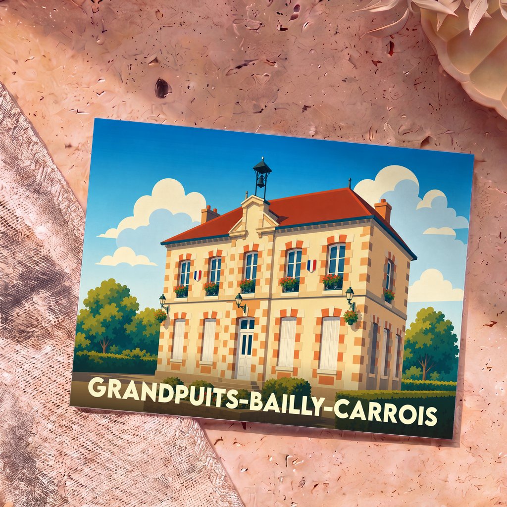 Carte postale souvenir de la ville de Grandpuits-Bailly-Carrois avec une illustration stylisée de sa mairie.