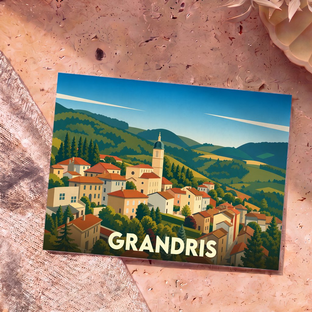 Carte postale souvenir de la ville de Grandris illustrant un village vallonné dans un style graphique épuré.