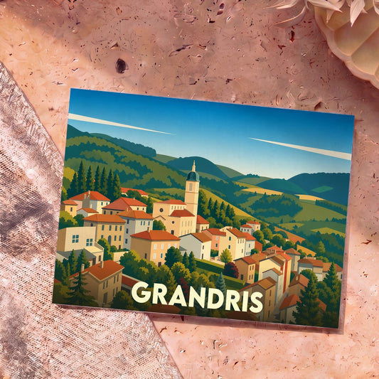 Carte postale souvenir de la ville de Grandris illustrant un village vallonné dans un style graphique épuré.