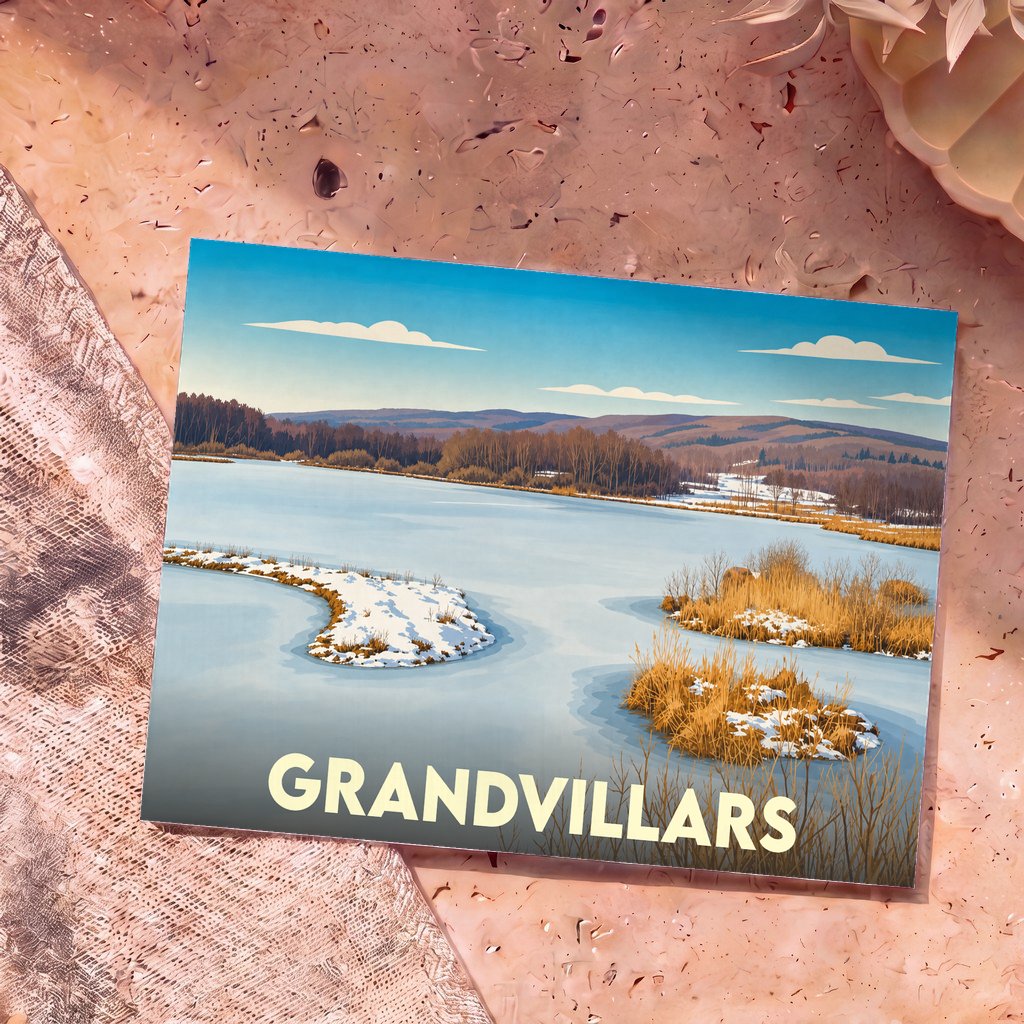 Carte postale souvenir de la ville de Grandvillars illustrant un paysage hivernal stylisé.