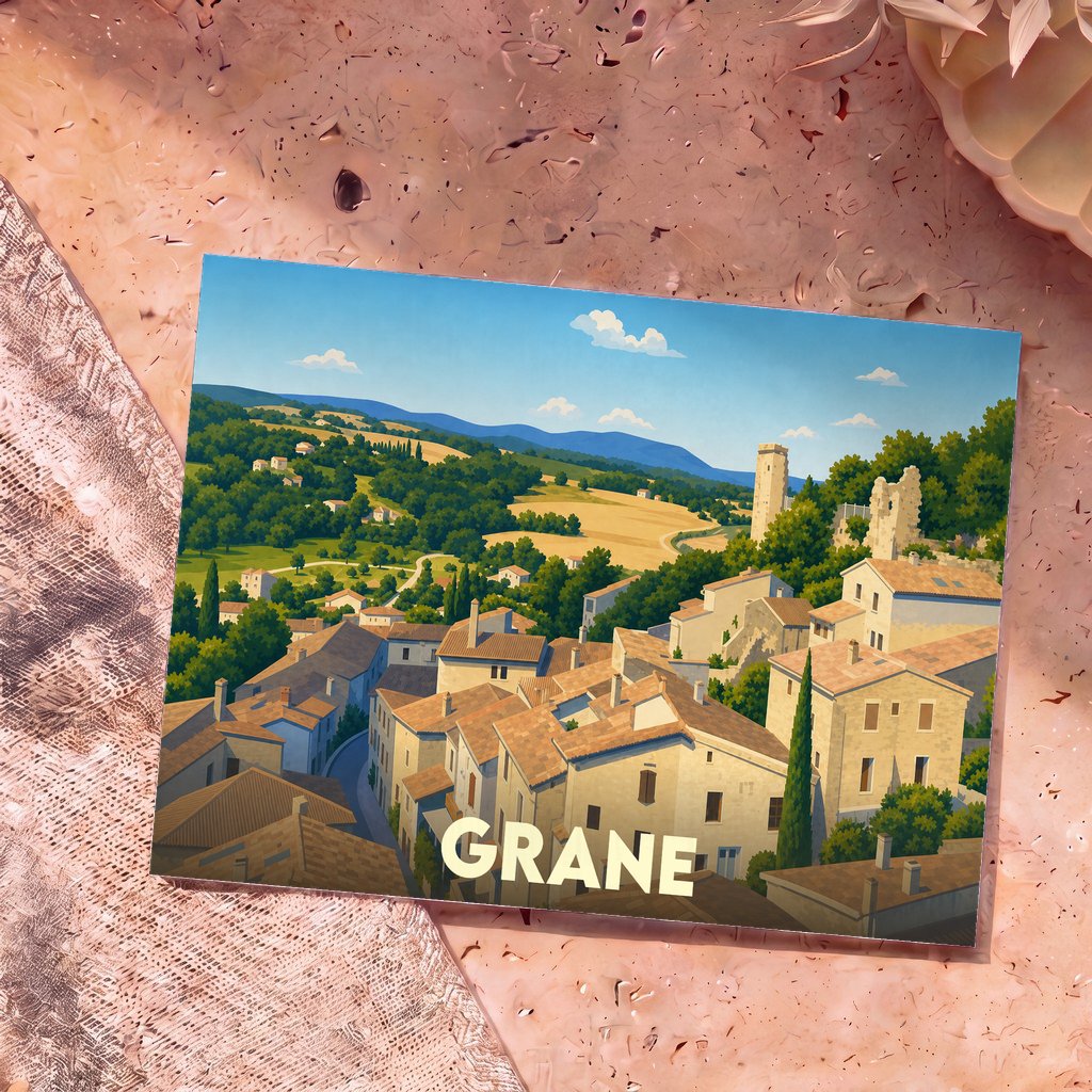 Carte postale souvenir de la ville de Grane avec une illustration stylisée de ses paysages et de son architecture.