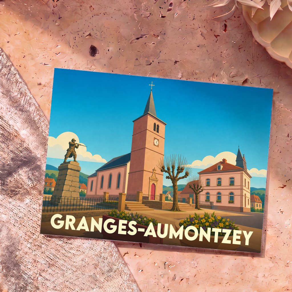 Carte postale souvenir de la ville de Granges-Aumontzey avec une illustration stylisée de son église et de son monument aux morts.