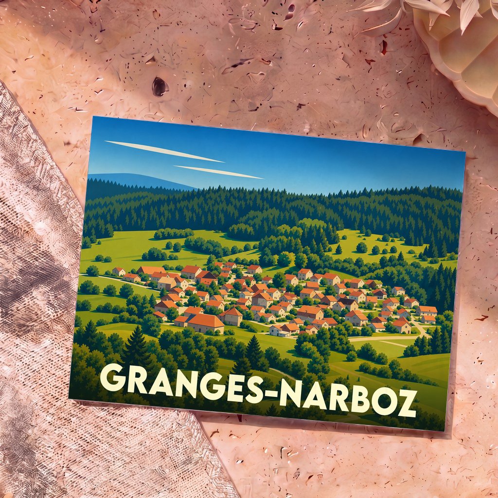 Carte postale souvenir de la ville de Granges-Narboz avec une illustration stylisée d'un village entouré de forêts.
