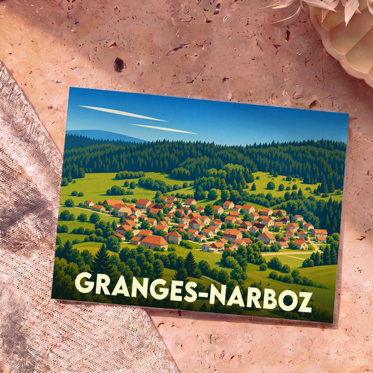 Carte postale souvenir de la ville de Granges-Narboz avec une illustration stylisée d'un village entouré de forêts.