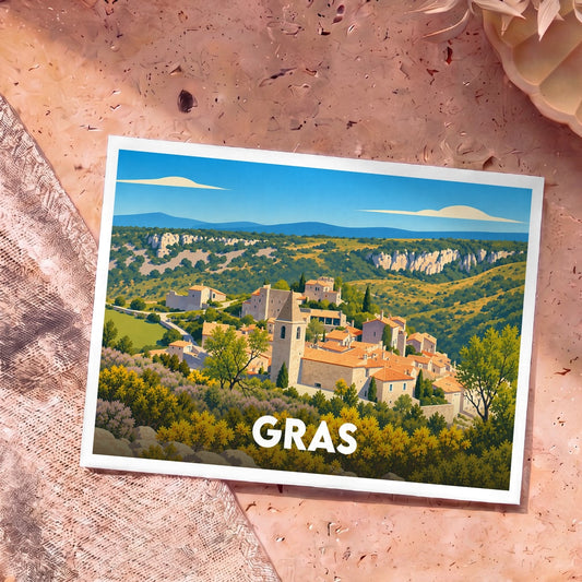 Carte postale souvenir de la ville de Gras illustrant un village provençal niché dans une vallée verdoyante.
