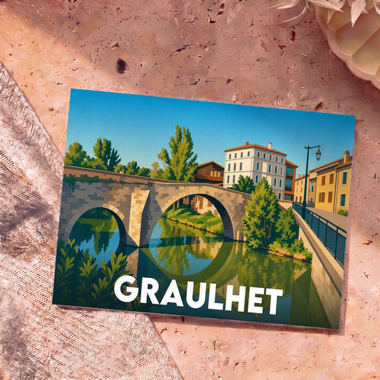 Carte postale souvenir de la ville de Graulhet avec une illustration stylisée de son pont médiéval et des bords du Dadou.