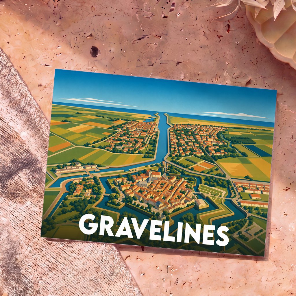 Carte postale souvenir de la ville de Gravelines présentant une illustration stylisée et colorée de ses remparts et de son port vus du ciel.