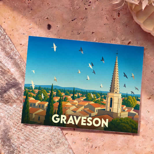 Carte postale souvenir de la ville de Graveson avec une illustration stylisée d'un clocher et de toits provençaux.