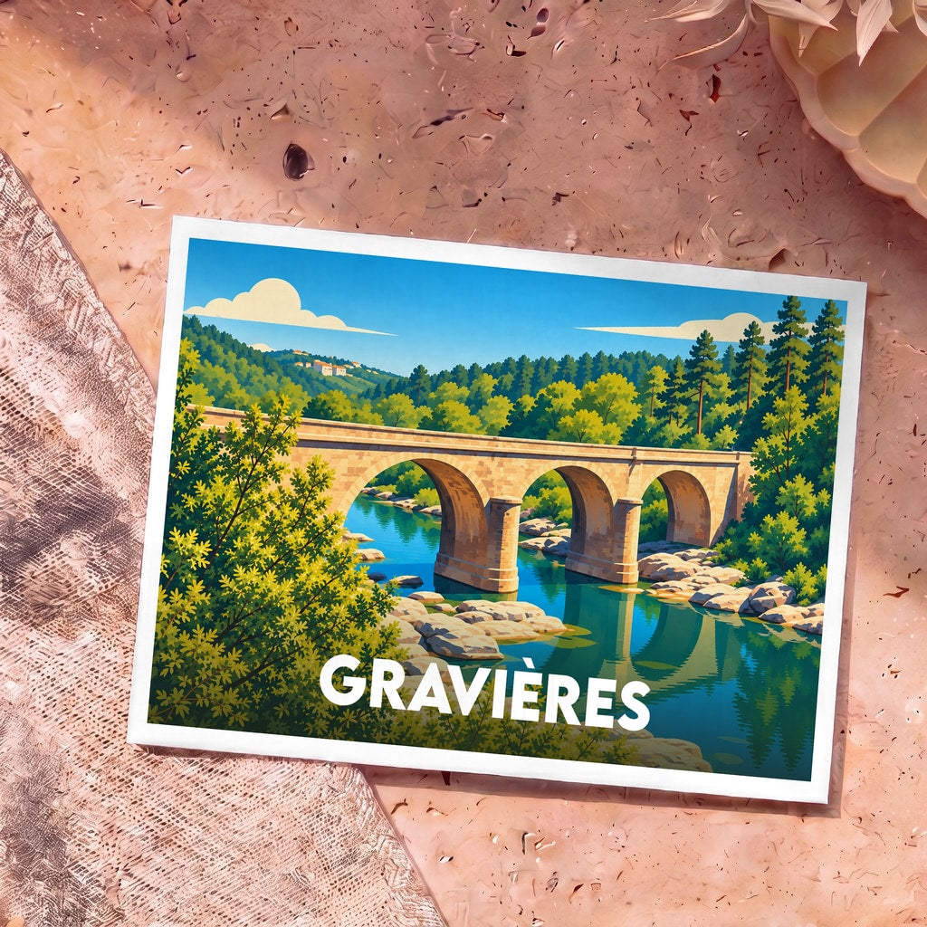 Carte postale souvenir de la ville de Gravières illustrant un pont en pierre enjambant une rivière dans un paysage verdoyant.