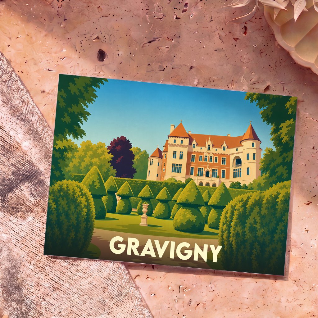 Carte postale souvenir de la ville de Gravigny avec une illustration stylisée de son château et de ses jardins.