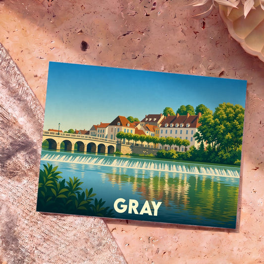Carte postale souvenir de la ville de Gray illustrant son pont et ses quais dans un style rétro.