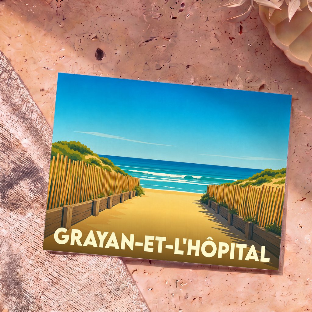 Carte postale souvenir de la ville de Grayan-et-l'Hôpital avec une illustration stylisée d'un accès à la plage.