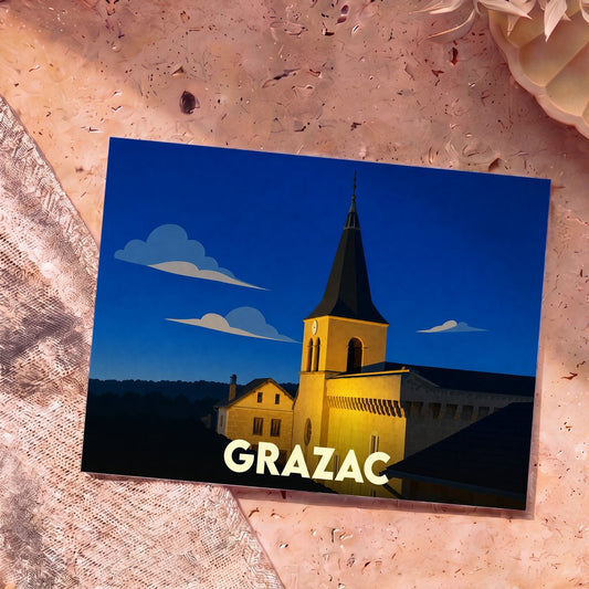 Carte postale souvenir de la ville de Grazac avec une illustration stylisée de son église au crépuscule.