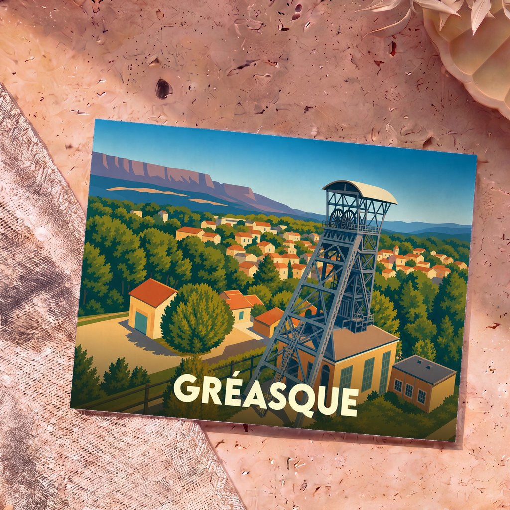 Carte postale souvenir de la ville de Gréasque avec une illustration stylisée d'un puits de mine surplombant le village.