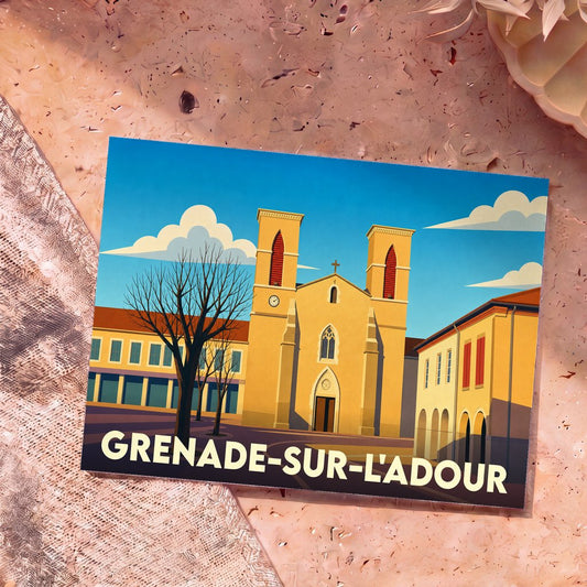Carte postale souvenir de la ville de Grenade-sur-l'Adour illustrant son église et ses bâtiments historiques dans un style rétro.