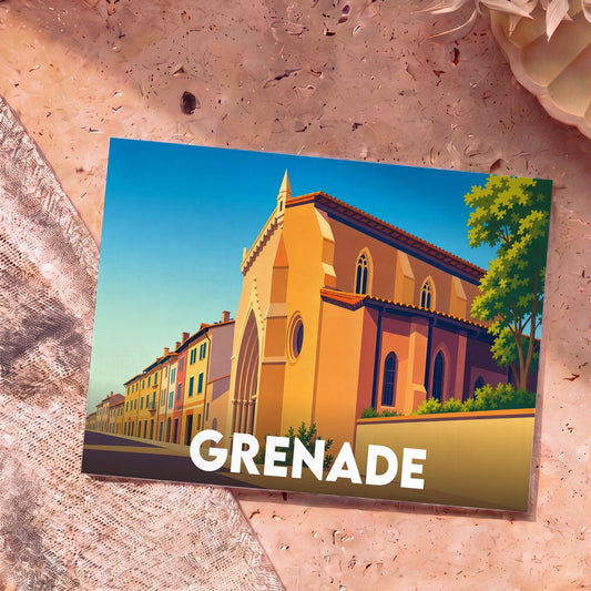 Carte postale souvenir de la ville de Grenade avec une illustration stylisée de son église gothique.