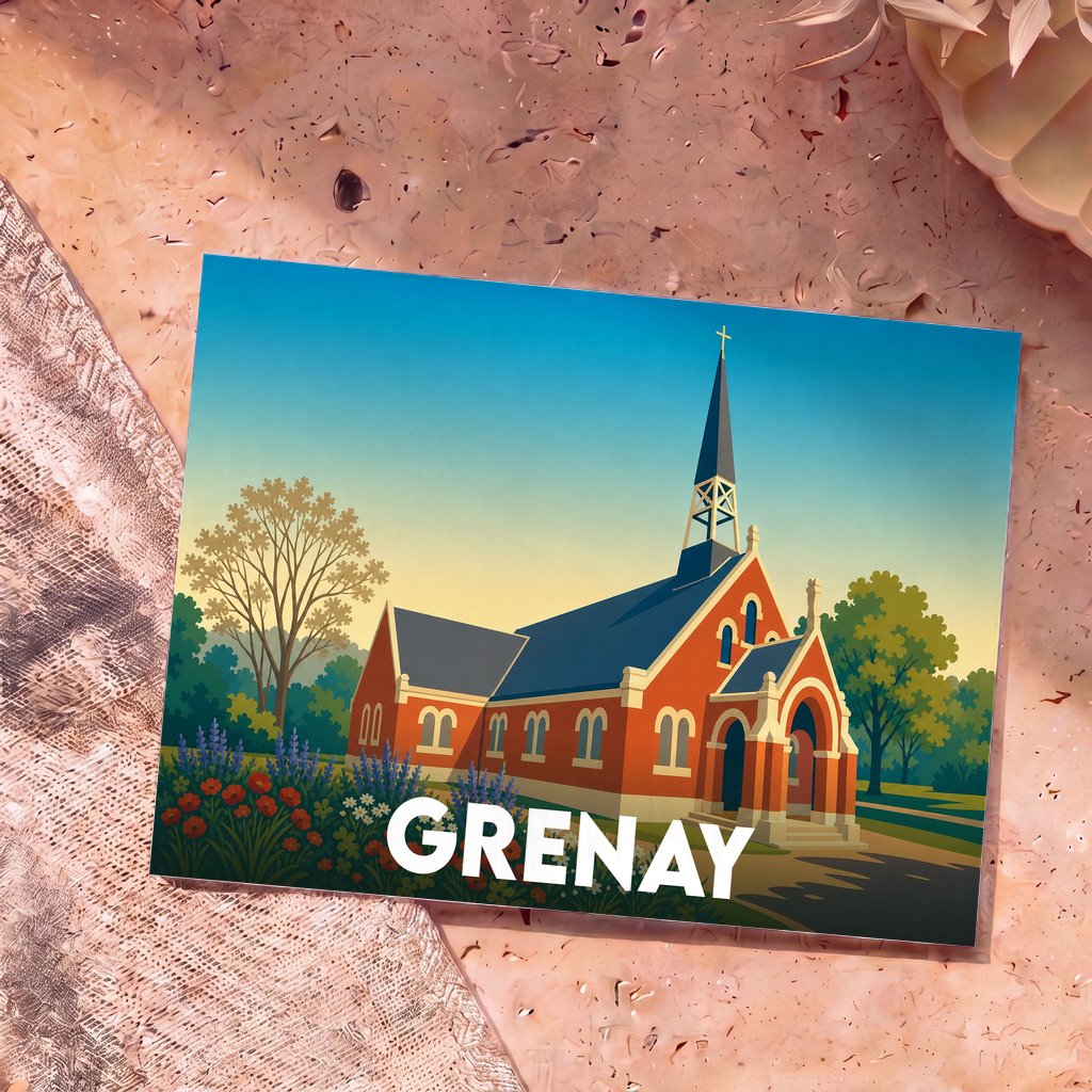 Carte postale souvenir de la ville de Grenay avec une illustration stylisée de son église et de ses jardins.