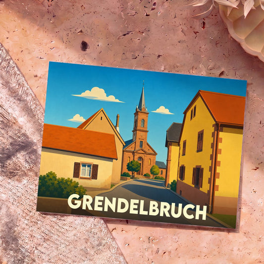 Carte postale souvenir de la ville de Grendelbruch illustrant une église et des maisons colorées dans un style graphique épuré.