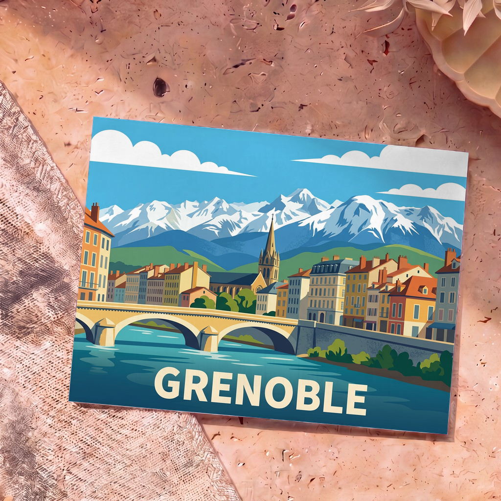 Carte postale souvenir de la ville de Grenoble avec une illustration stylisée des montagnes et de l'Isère.