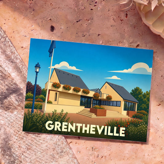 Carte postale souvenir de la ville de Grentheville avec une illustration stylisée de sa mairie fleurie.