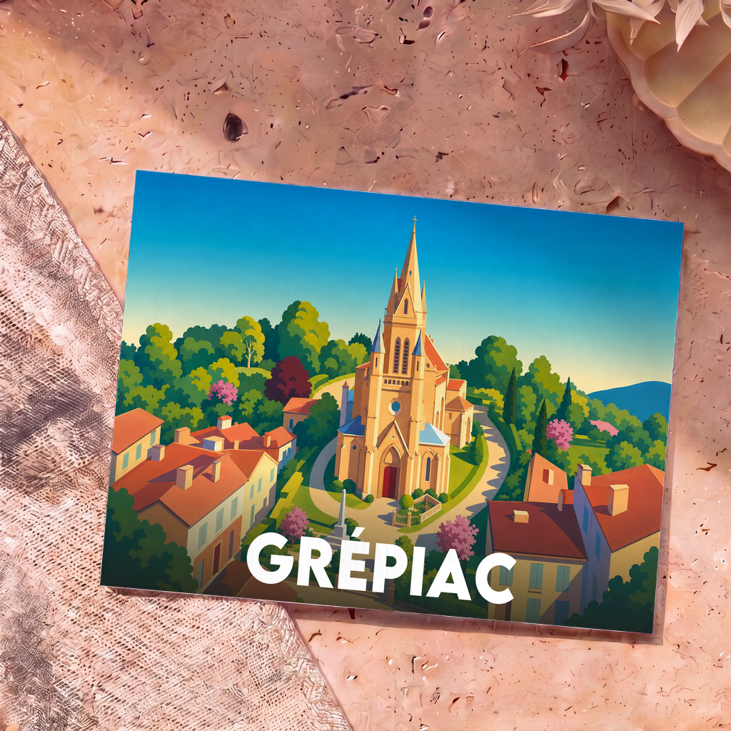 Carte postale souvenir de la ville de Grépiac avec une illustration stylisée et colorée de son église.