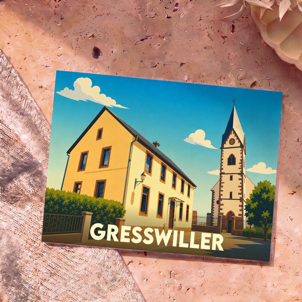 Carte postale souvenir de la ville de Gresswiller avec une illustration stylisée d'une maison alsacienne et d'une église.