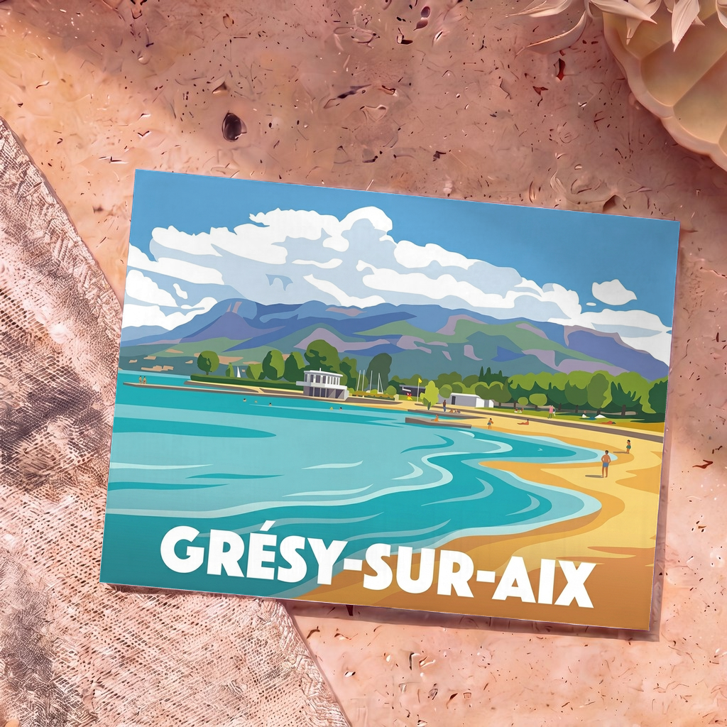 Carte postale souvenir de la ville de Grésy-sur-Aix avec une illustration stylisée d'une plage au bord d'un lac.