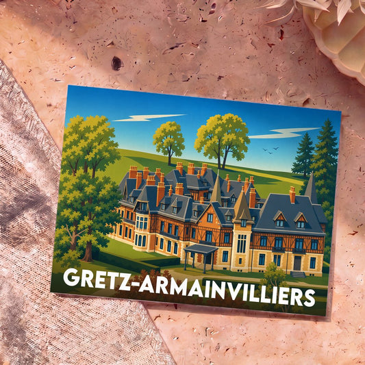 Carte postale souvenir de la ville de Gretz-Armainvilliers avec une illustration stylisée de son château.