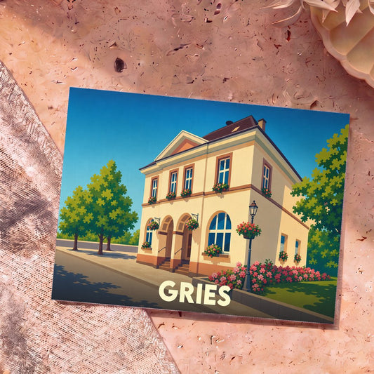 Carte postale souvenir de la ville de Gries avec une illustration stylisée d'un bâtiment fleuri.