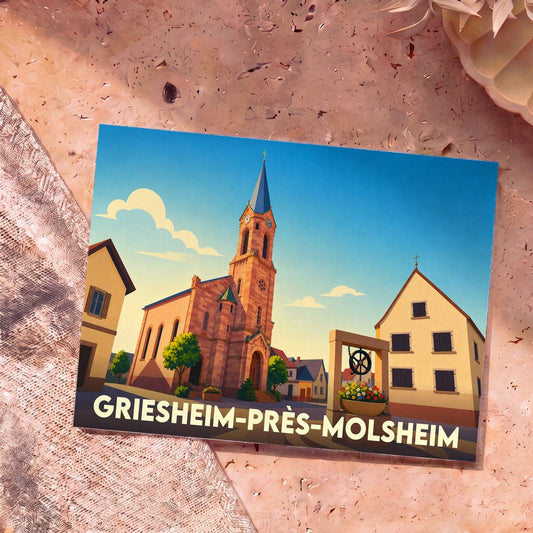 Carte postale souvenir de Griesheim-près-Molsheim illustrant son église et un puits fleuri dans un style graphique épuré.