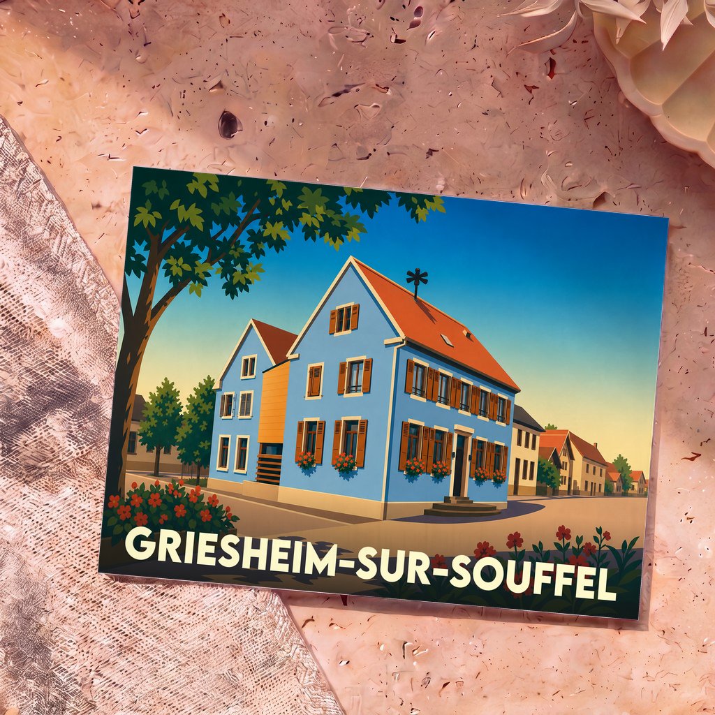 Carte postale souvenir de la ville de Griesheim-sur-Souffel avec une illustration stylisée d'une maison alsacienne bleue.