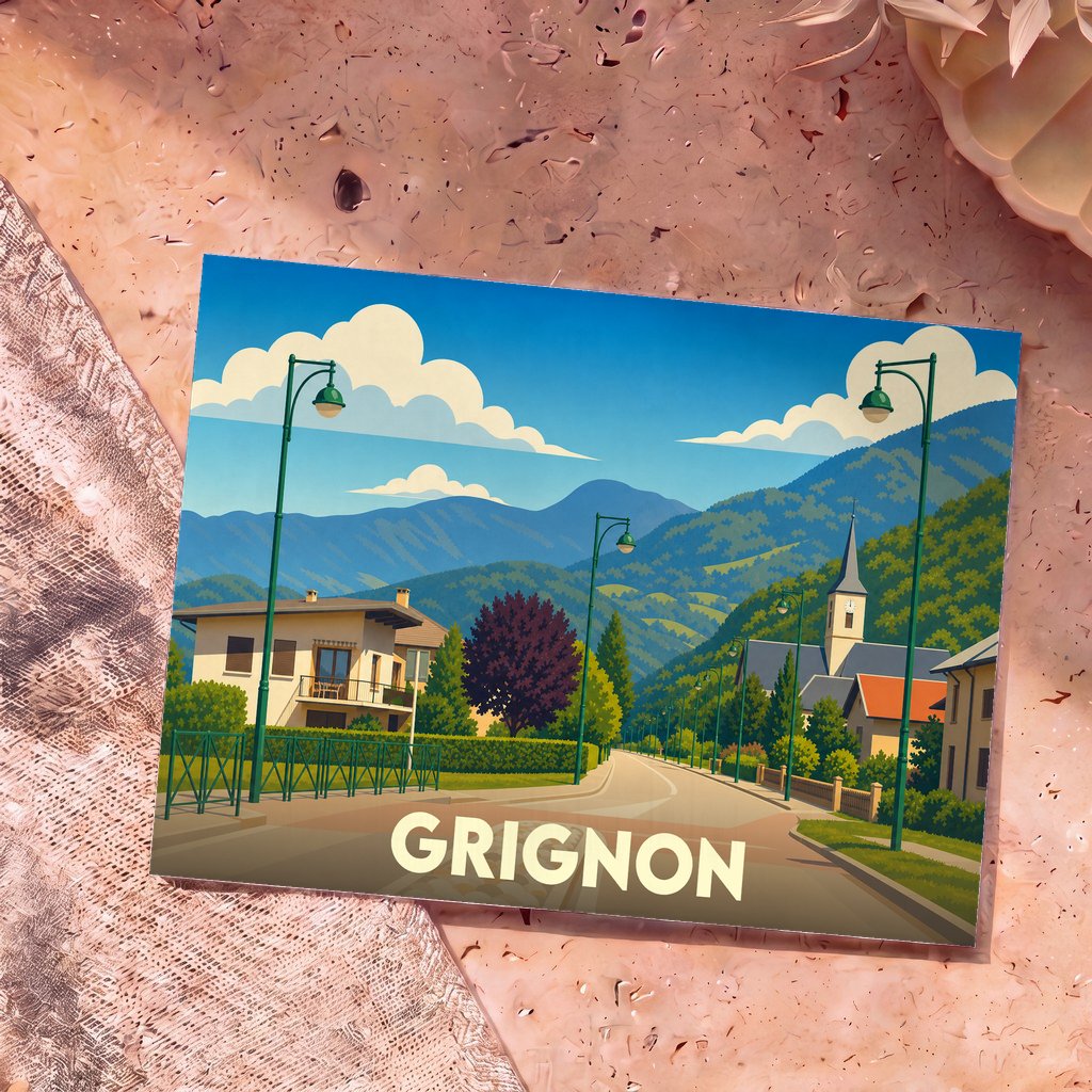 Carte postale souvenir de la ville de Grignon avec une illustration stylisée et colorée.