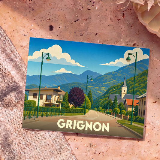 Carte postale souvenir de la ville de Grignon avec une illustration stylisée et colorée.