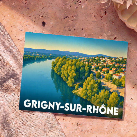 Carte postale souvenir de la ville de Grigny-sur-Rhône avec une illustration stylisée des bords du Rhône.